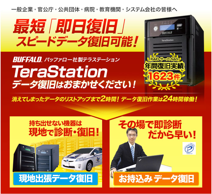 リプラスウイングならTerastation / Linkstation が診断2時間、24時間データ復旧対応、最短即日のスピードデータ復旧が可能です。